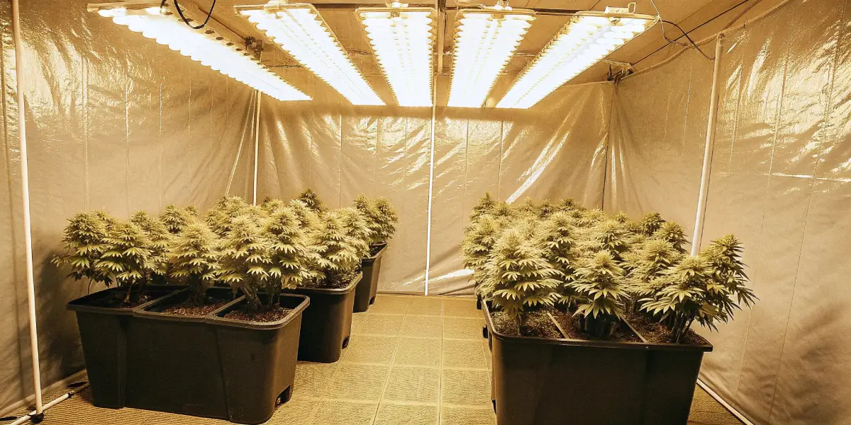 indoor grow room with compact Larry OG cannabis plants under strong LED lighting
