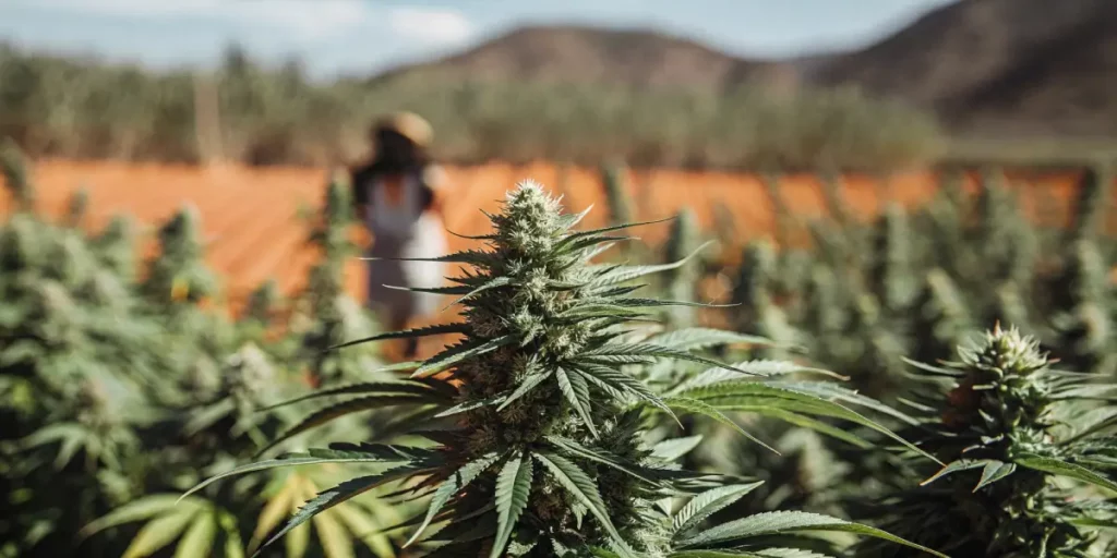 detailed Larry OG cannabis plant in a sunny outdoor plantation with a blurred grower in background