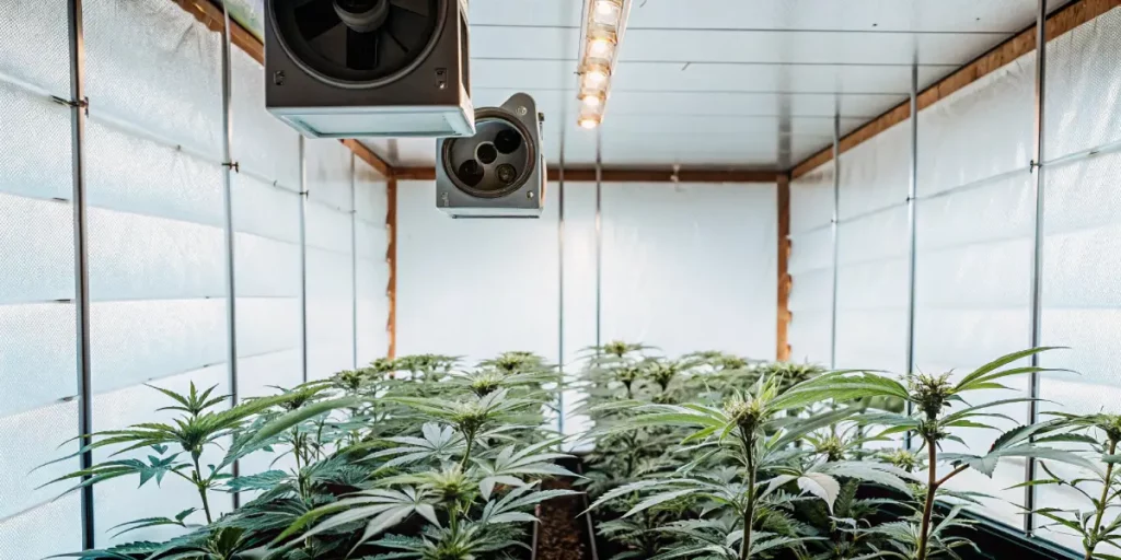 Indoor cannabis grow room with LED lights and ventilation system above rows of young flowering plants.