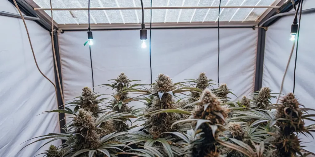 Close-up of frosty cannabis buds under soft hanging bulbs, emphasizing trichome sheen and bud structure.