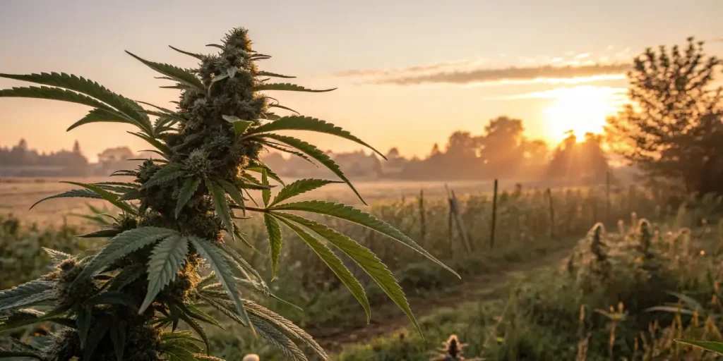 Mature cannabis plant basking in the golden sunrise on a rural farm.