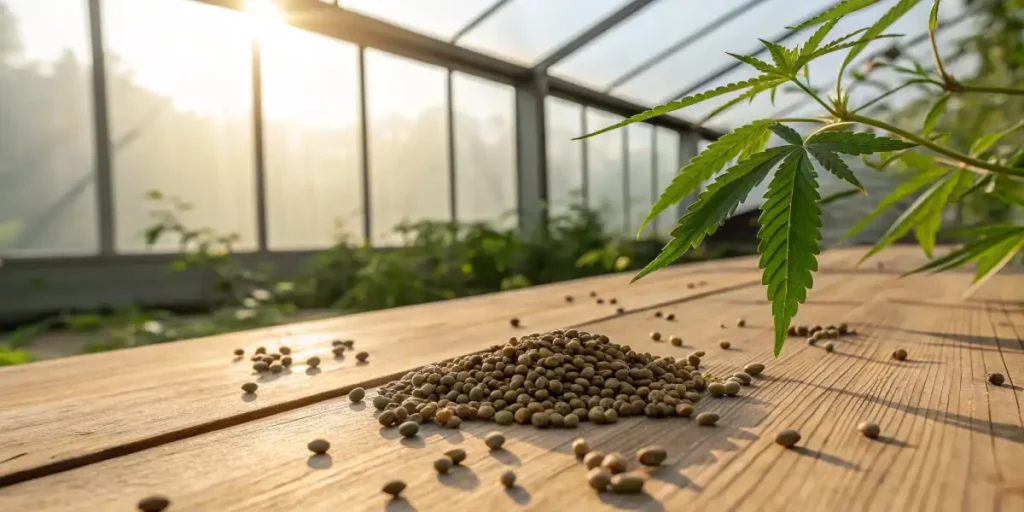 A close-up of medical marijuana seeds on a wooden surface in a greenhouse with natural light.