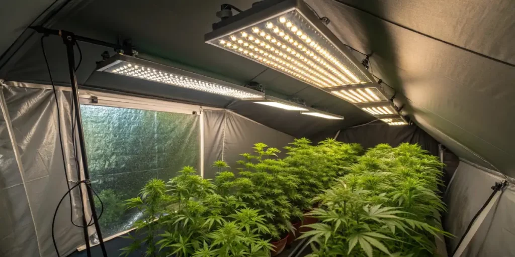 Sleek indoor grow tent filled with cannabis plants under powerful LED grow lights.