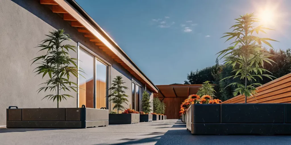 Row of raised planter boxes with tall cannabis plants basking in afternoon sun beside a contemporary home patio.