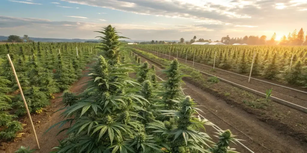 Expansive outdoor cannabis plantation at sunset with evenly spaced rows