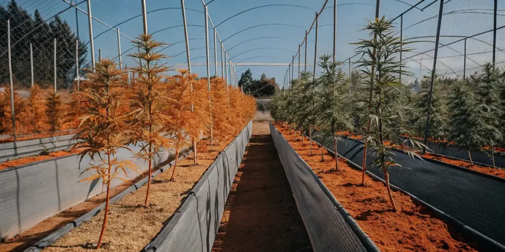 Early growth stage of cannabis plants in an outdoor garden with a clear sky and perfect growing conditions.