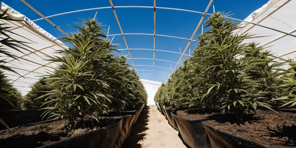 Outdoor cannabis garden in full sunlight, with tall cannabis plants growing in rows under a clear blue sky.