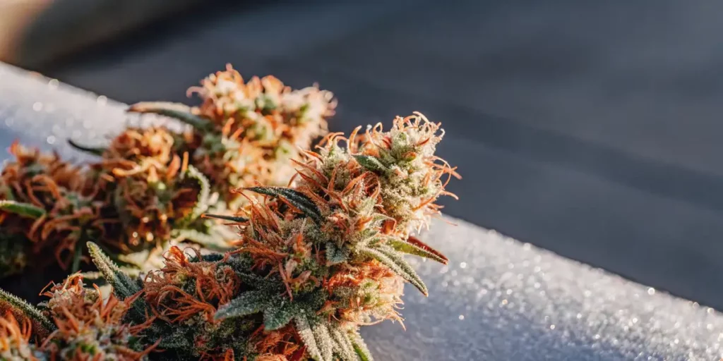 Sunlit cannabis buds freshly harvested outdoors with orange pistils and trichomes.