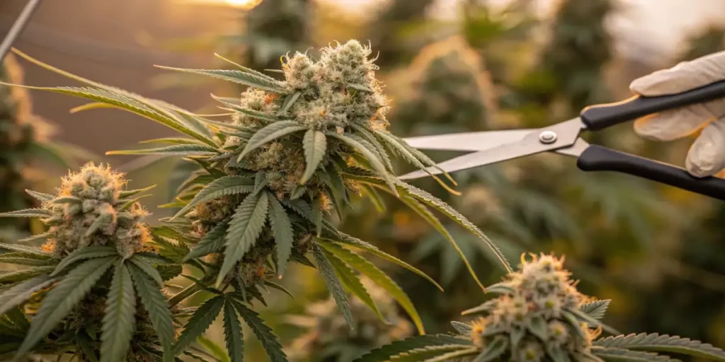 hand using scissors to harvest cannabis buds in outdoor garden