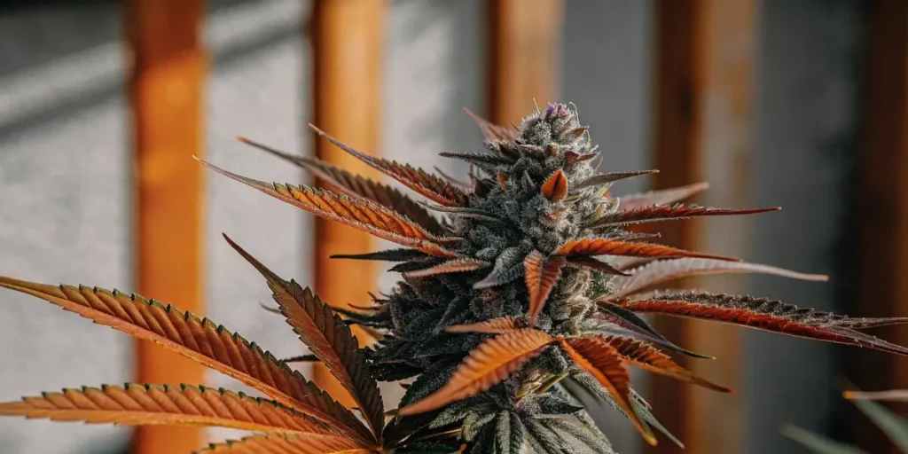 Bundles of cannabis hanging upside down to dry in a rustic shed, with storage jars in the background.