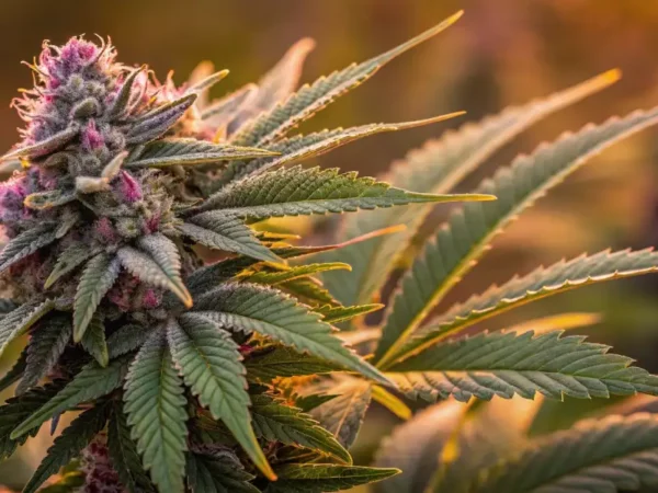 Close-up of a purple cannabis bud with trichomes glowing in the sunset light