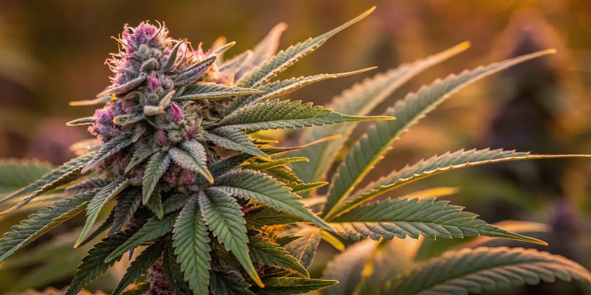 Close-up of a purple cannabis bud with trichomes glowing in the sunset light