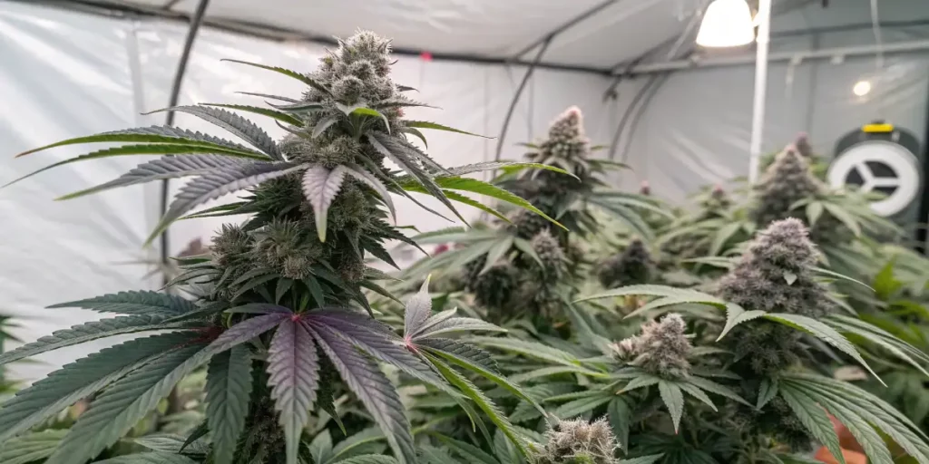 purple-leaved cannabis plants growing in an indoor tent setup