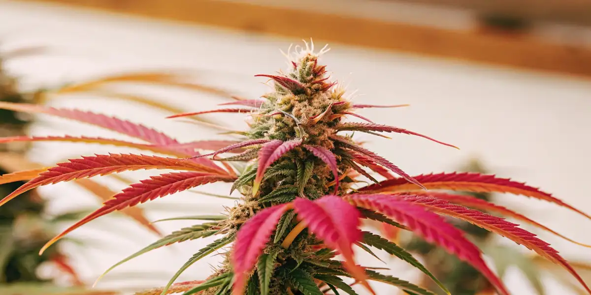 Close-up of a vibrant cannabis bud with red-purple leaves under indoor lighting.