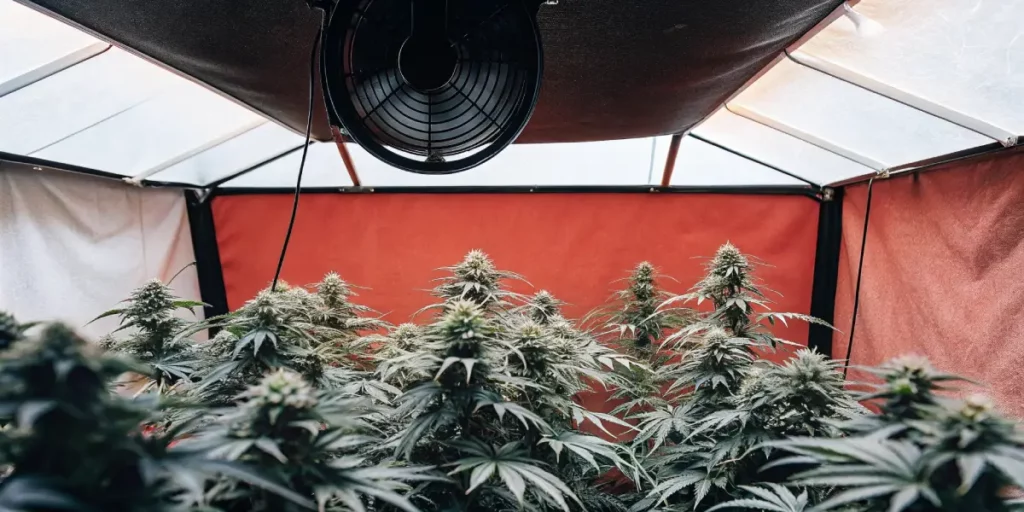 Dense canopy of flowering cannabis plants under a hanging ventilation fan inside a red-lined grow tent.