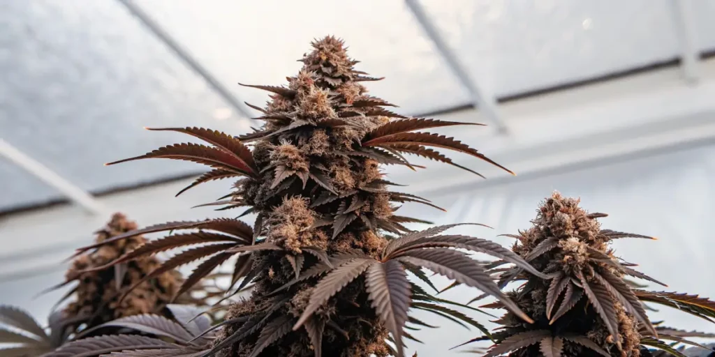 Close-up of a Royal Skywalker cannabis bud with dark foliage and pink pistils in an indoor grow.