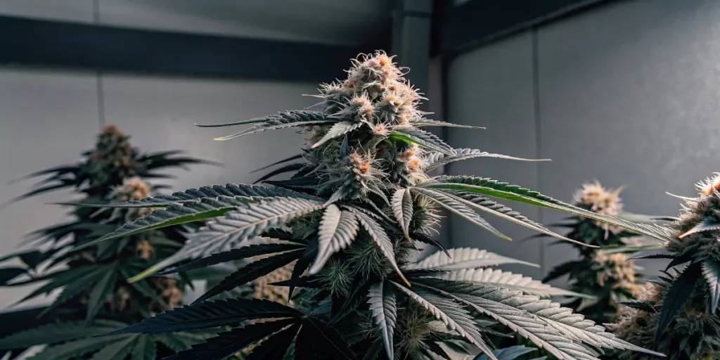 Brightly lit close-up of a Royal Skywalker cannabis bud with copper-toned pistils.
