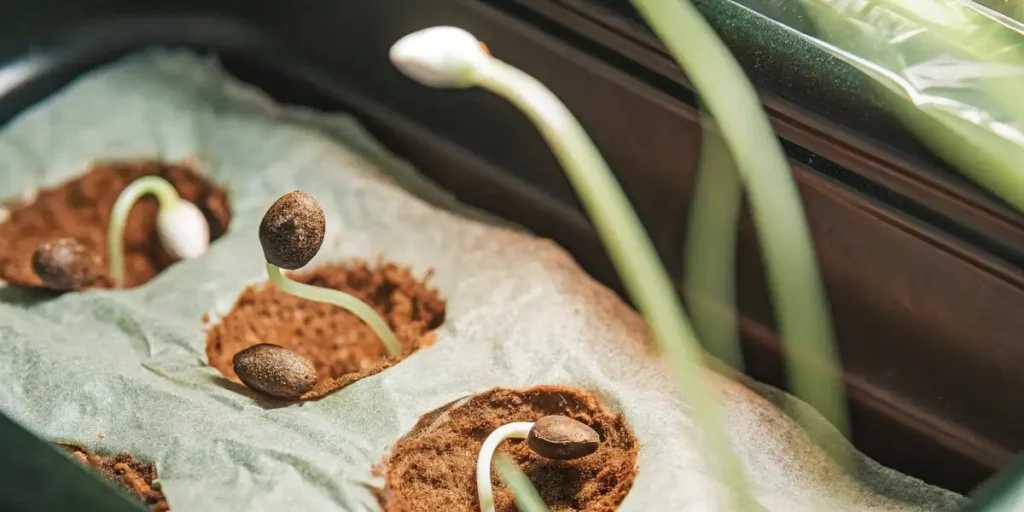 Cannabis seeds sprouting in a moist germination tray under a humidity dome.
