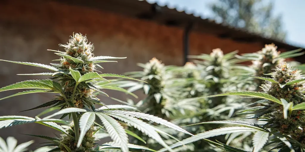 Sunlit cannabis cola in an open-air greenhouse, with vibrant green leaves and detailed bud formation.