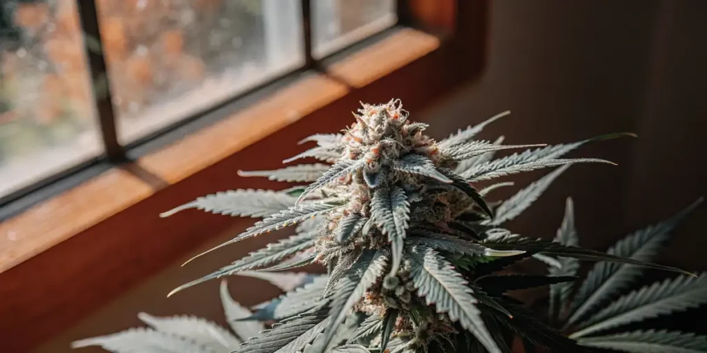 Detailed view of a marijuana bud rich in trichomes beside a sunny window