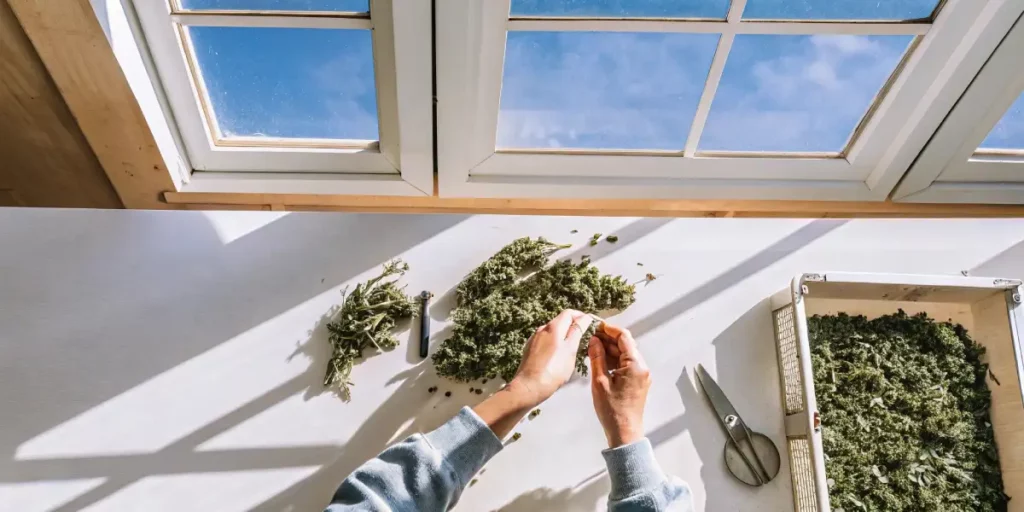 Overhead view of a beginner trimming cannabis buds at a table by a window in natural light.