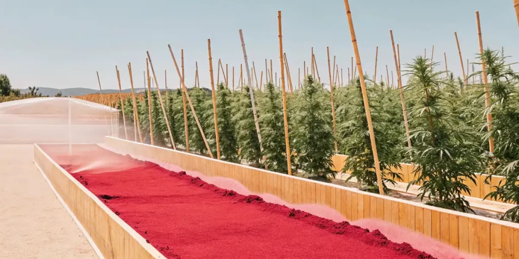 Urban cannabis plants growing in raised beds on a patio