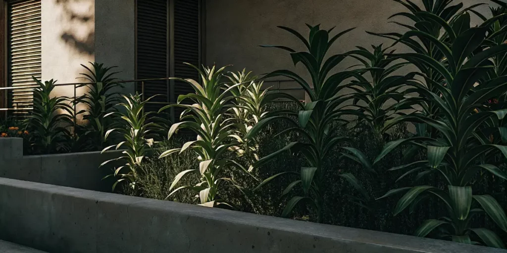 Lush cannabis plants growing in a landscaped outdoor garden near a house.