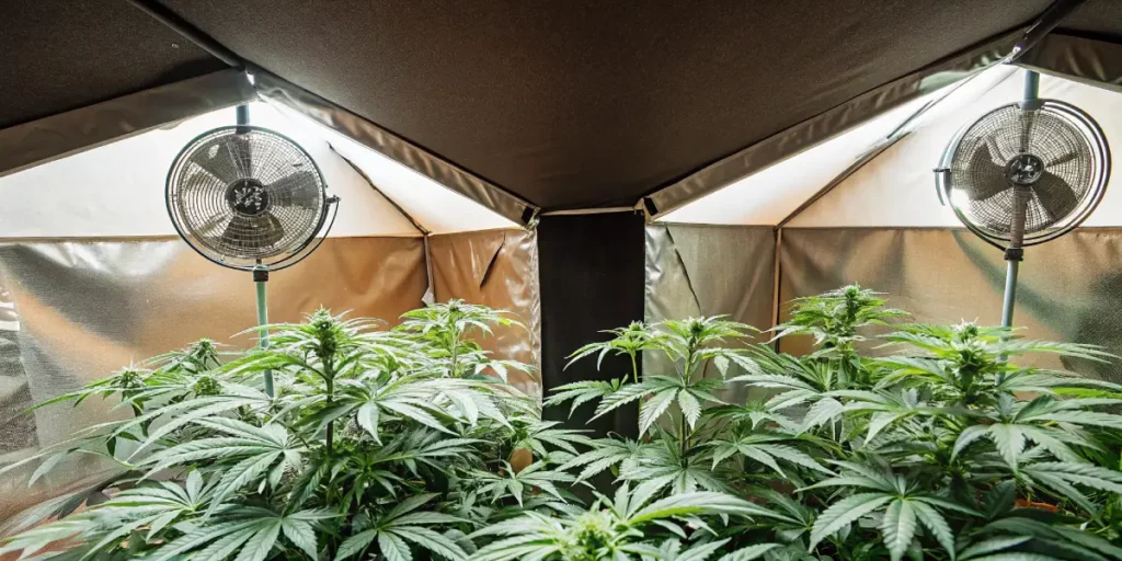 cannabis plants growing in a ventilated indoor grow tent