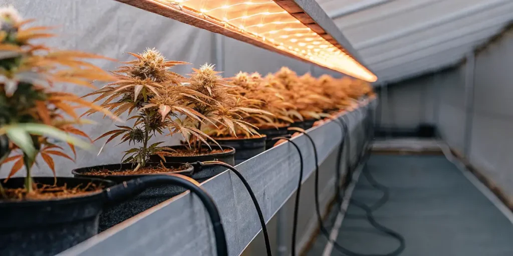 Hyper-realistic image of potted Blueberry OG cannabis plants with golden-orange leaves, under warm grow lights in a greenhouse-like structure.
