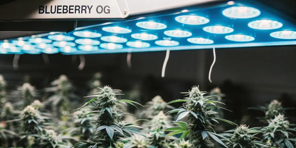 State-of-the-art indoor cannabis grow farm with lush plants under blue "BLUEBERRY OG" LED grow lights.