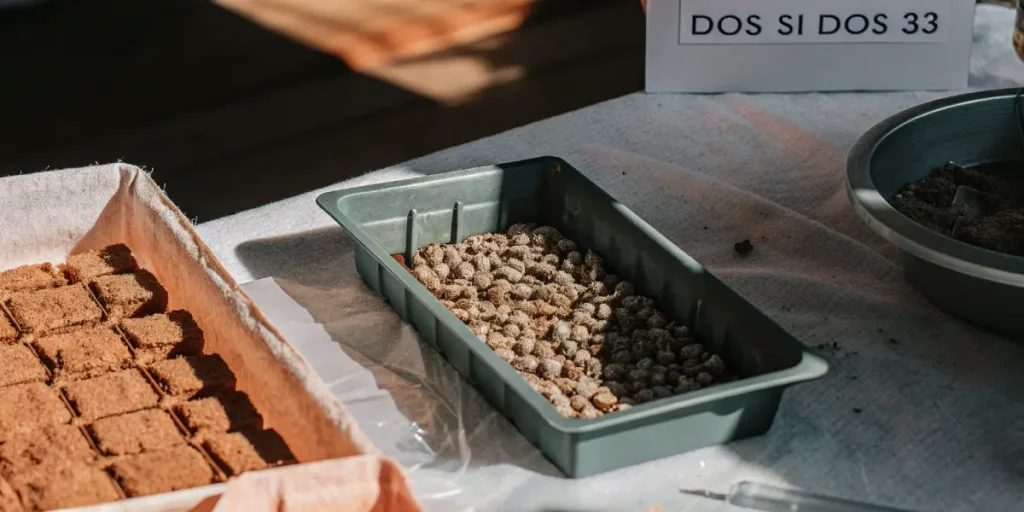 Hyper-realistic image of a table showcasing "DOS SI DOS 33" cannabis seeds in a green tray next to a brown seedling tray.