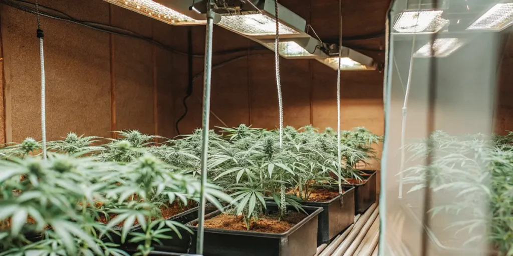 Ultra-detailed image of a fully equipped indoor cannabis grow room with rows of lush plants in black pots under bright grow lights.
