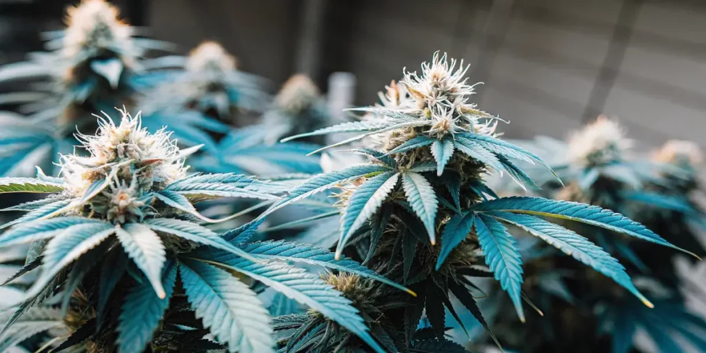 Hyper-realistic close-up of healthy plant buds and leaves with distinctive blue-green hues and white pistils.