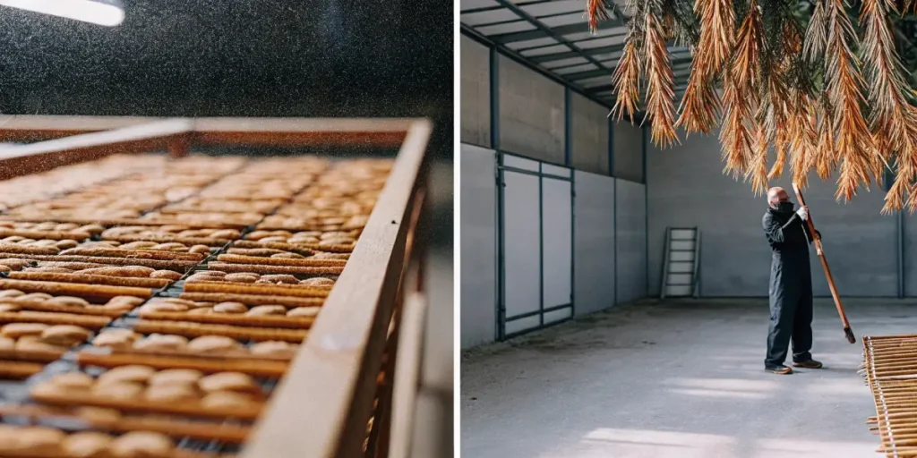 Split image: Close-up of a drying rack with textured, stick-like items; A person sweeping under hanging dried foliage in a large, empty space.