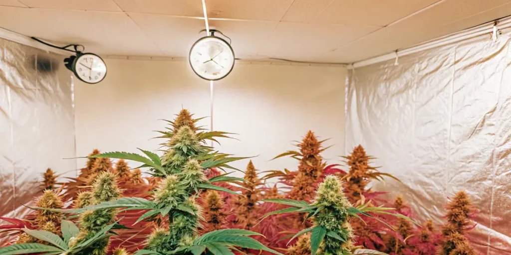 Row of vibrant green and orange-hued plants under two round lights and a long central light in an indoor grow room.