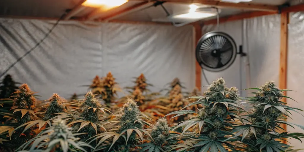 Hyper-realistic scene of healthy, light green plants under a large, rectangular grow light in a white grow tent.