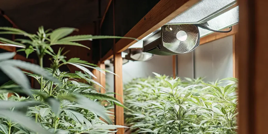 Hyper-realistic visualization of an indoor grow room with lush cannabis plants, and an overhead fan and light fixture.