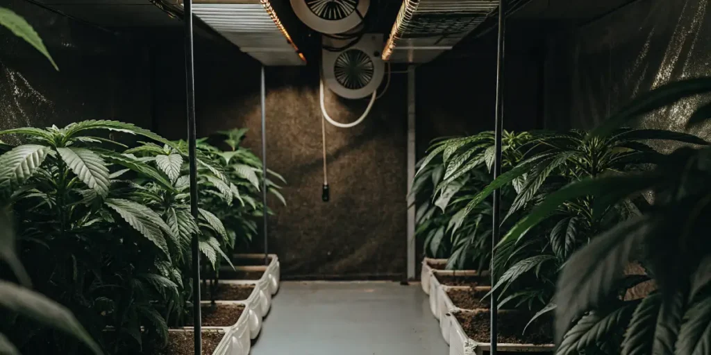 Advanced indoor cultivation setup: lush plants in white containers lining a narrow corridor, with overhead ventilation.