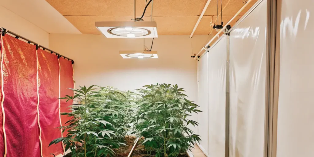 Hyper-realistic indoor cannabis grow room with lush plants, bright overhead lights, and red curtains.