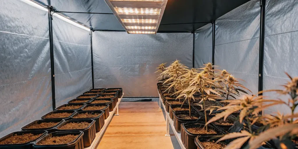 Hyper-realistic visualization of an indoor grow room with rows of cannabis plants, some with golden leaves, in black pots under bright overhead grow lights.