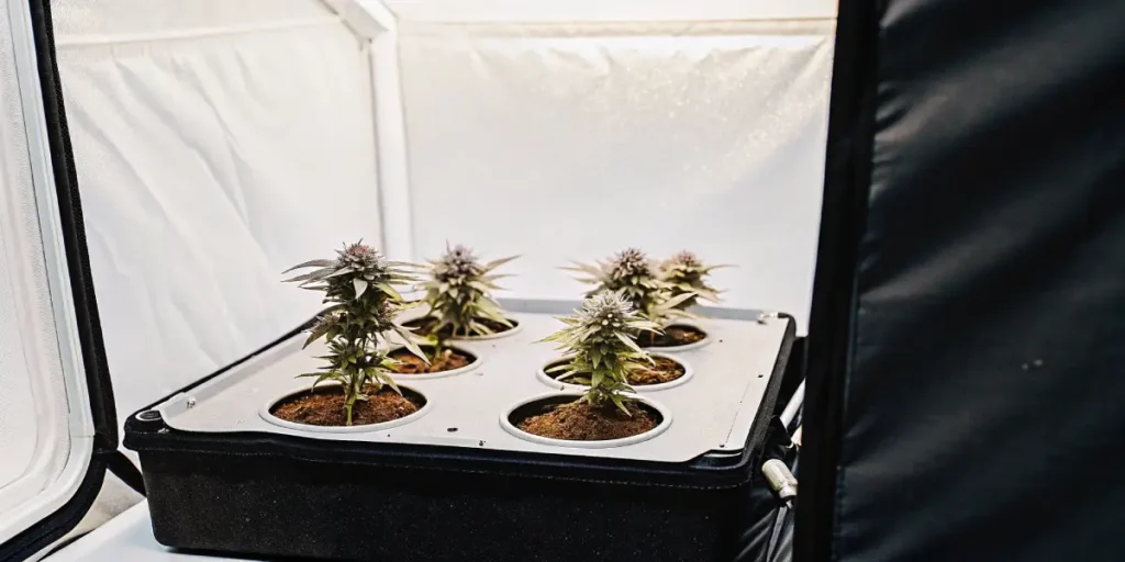 Three young plants in a black rectangular planter under a bright, warm grow light in an indoor setting.