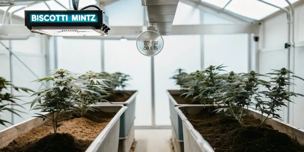 Rows of young plants in white planters under grow lights with "BISCOTTI MINTZ" label and environmental monitor.