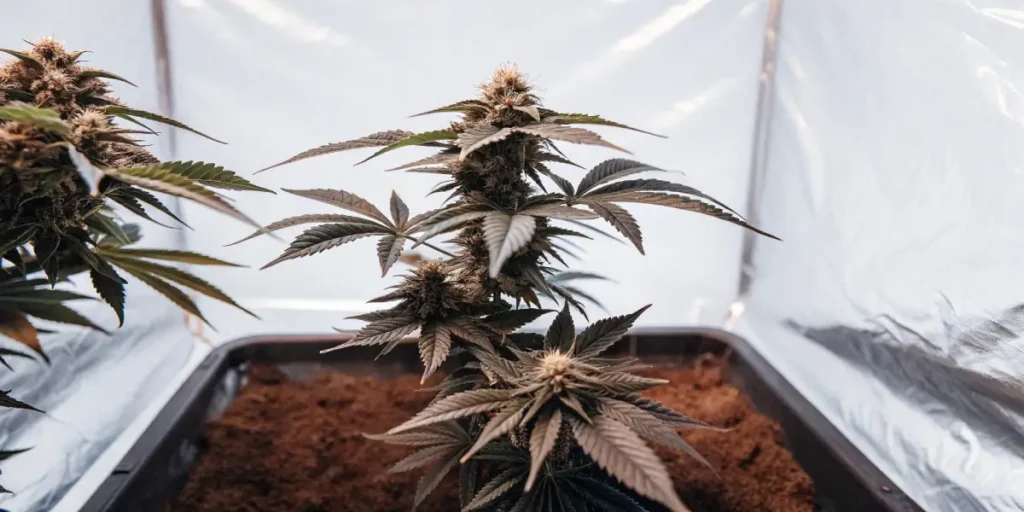 Ultra-detailed view of a green plant with hints of purple, growing in a planter with red fibrous material, against a white reflective wall.