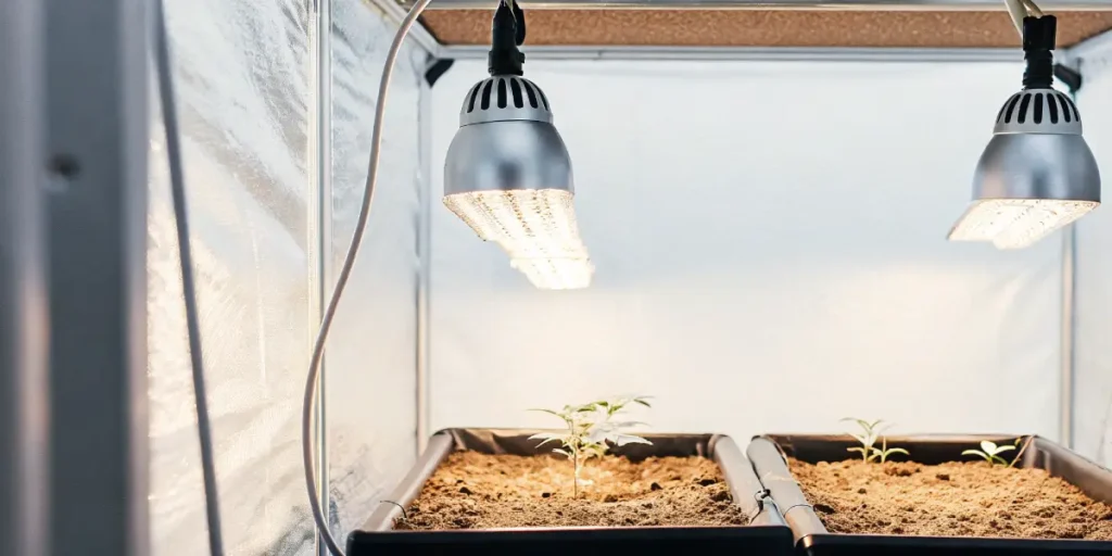 Advanced indoor cultivation setup: two small cannabis seedlings in black trays under bright overhead grow lights in a grow tent.