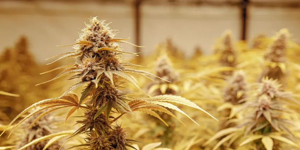 Hyper-realistic scene of two Mimosa x Orange Punch cannabis seedlings in a black tray with a pair of scissors, inside a grow tent.