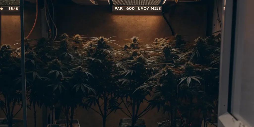 Dense array of plants in a dimly lit grow room, illuminated by a light displaying "PAR 600 UMO/ M2:S".