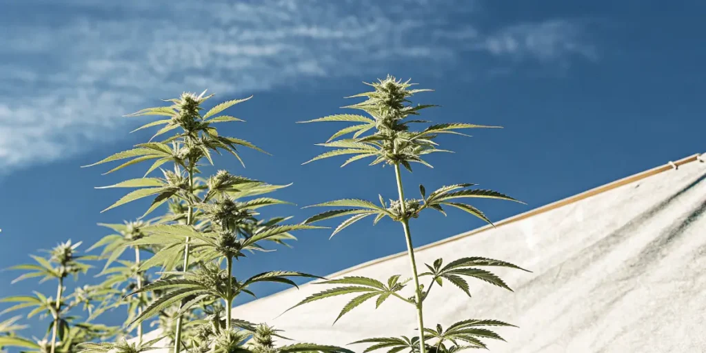 Thriving outdoor cannabis garden with prominent plants and a white hoop house structure against a blue sky.