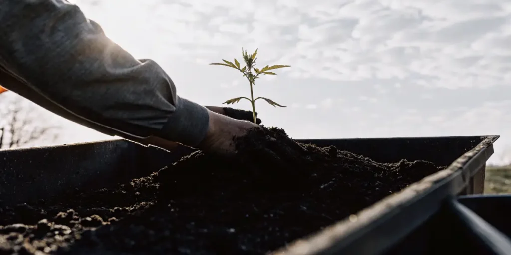 Hands carefully planting a small green seedling into dark soil in an outdoor garden bed.