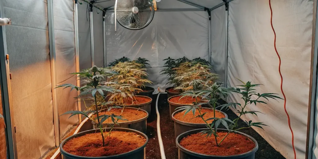 Potted plants with reddish-brown topsoil growing in a well-lit indoor grow tent.