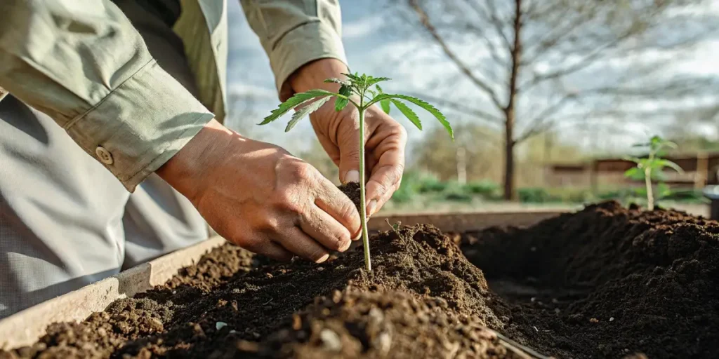 Hands gently placing a small green seedling into dark soil in a raised planter under a bright sky.
